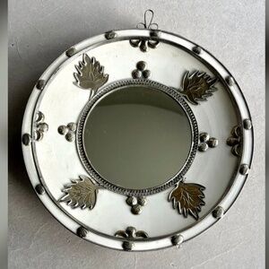 Handmade Moroccan White Glazed Ceramic Silver Leaf Detail Wall Mirror